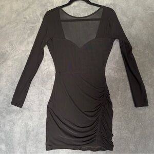 Sheer Top Black Mesh Long Sleeve Ruched Mini Dress size Large